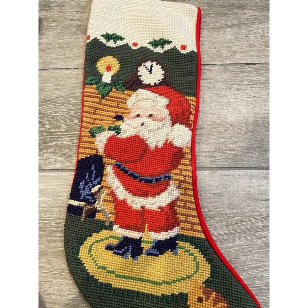 2x Vintage 1990s Needlepoint Hanging Christmas Stockings Santa And Cat